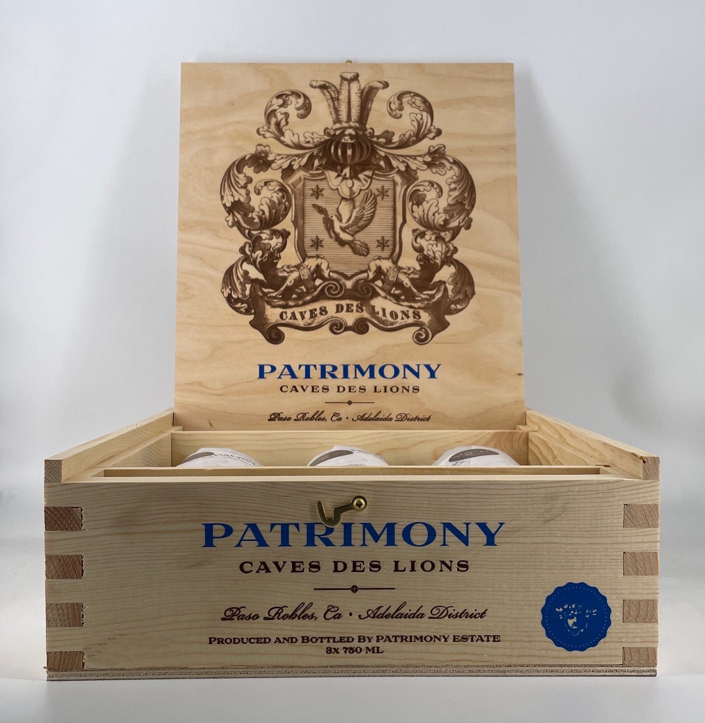 Opened Wooden Box of 3 Bottles DAOU Patrimony Cave Des Lions Adelaida District Paso Robles Red Blend 2019 750ML