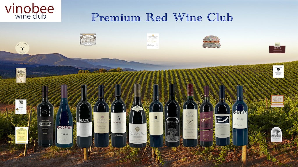 Premium Red Wine Club showing 12 bottles of red wines with vineyard background